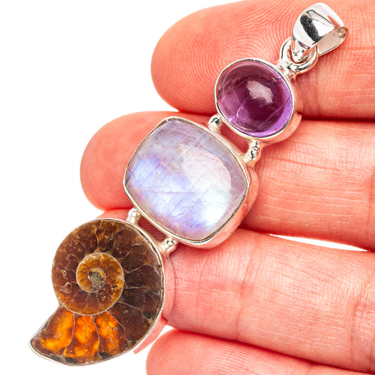 Amethyst, rainbow moonstone, and ammonite fossil pendant in polished .925 sterling silver