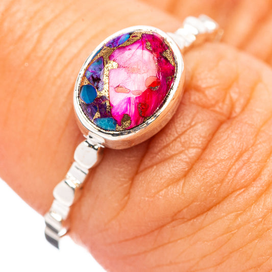 Sterling silver ring, size 7, oval pink-blue gemstone cabochon with gold accents