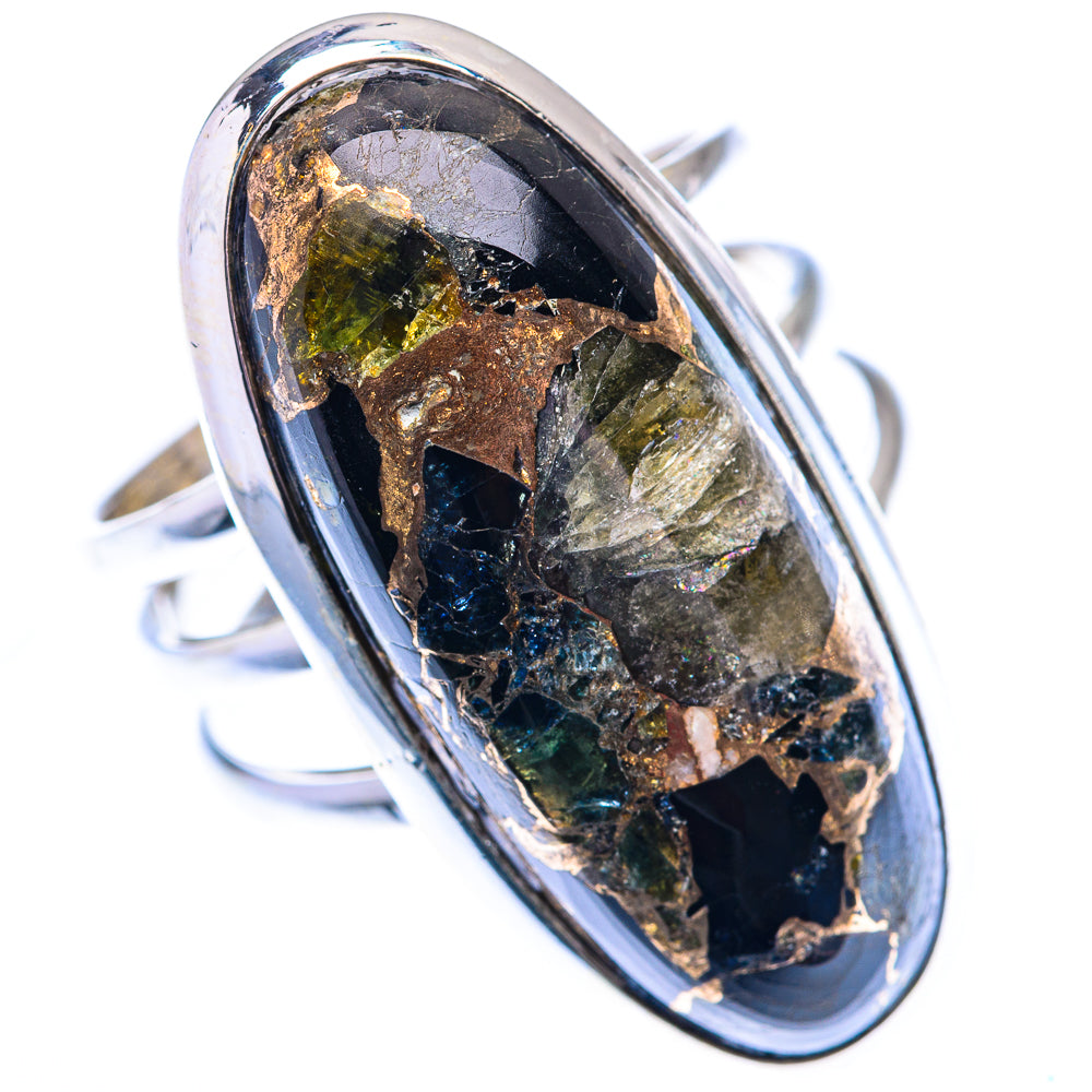 Large oval sterling silver ring with dark multi-color stone in bezel setting