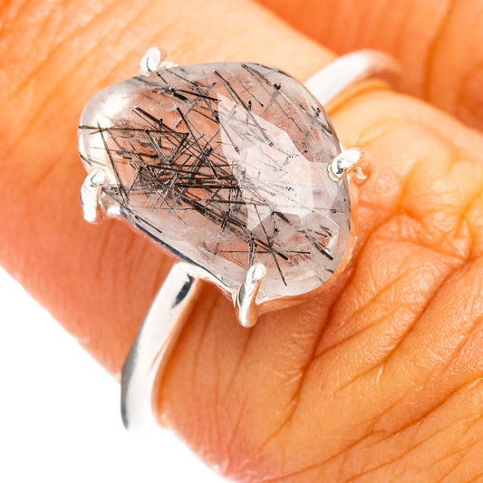 Oval faceted quartz ring in .925 sterling silver, black needle inclusions in stone
