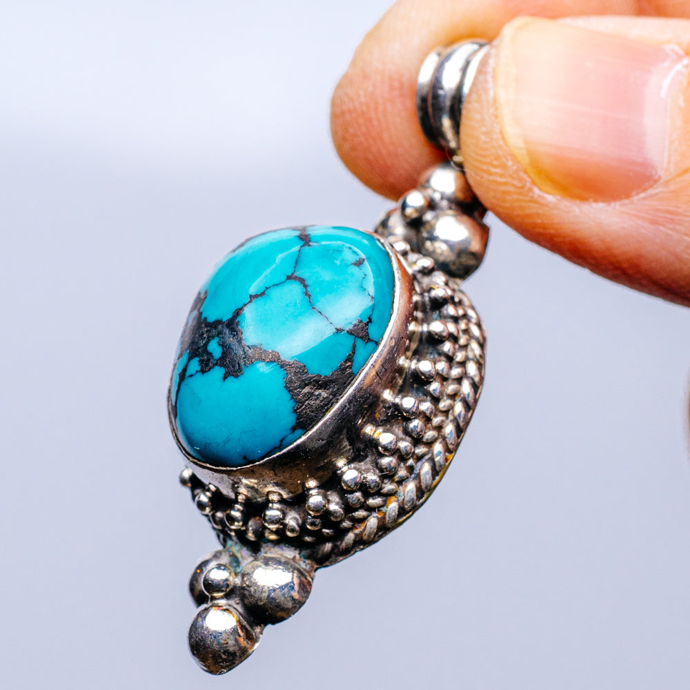 Tibetan Made Vintage Turquoise Pendant 1 7/8" (.925 Sterling Silver)