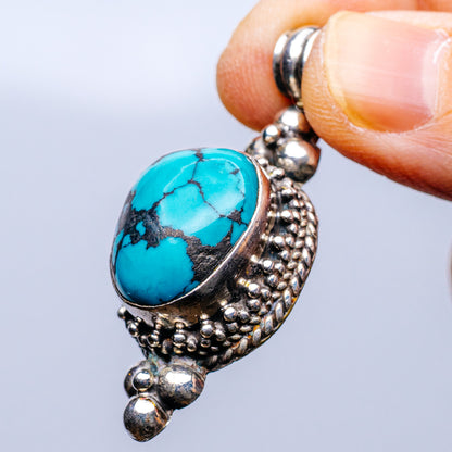 Tibetan Made Vintage Turquoise Pendant 1 7/8" (.925 Sterling Silver)