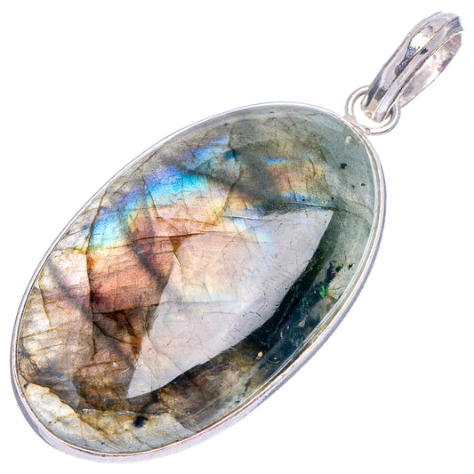 Silver-plated oval labradorite pendant showing multicolor iridescence and rounded bezel