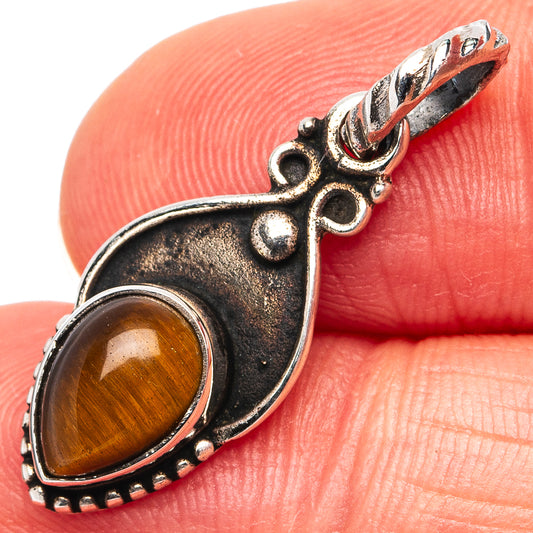 Sterling silver tiger's eye dainty pendant with oval amber gemstone and ornate bail