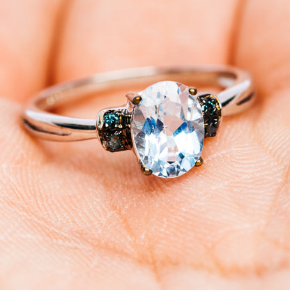 Blue Topaz, Blue Diamond Ring Size 7 (.925 Sterling Silver)