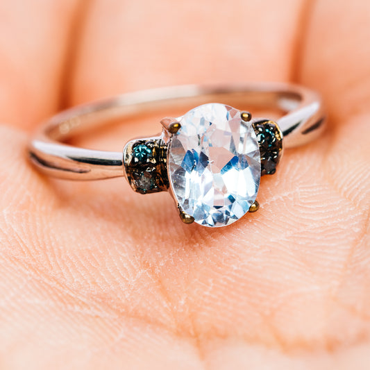 Blue Topaz, Blue Diamond Ring Size 7 (.925 Sterling Silver)