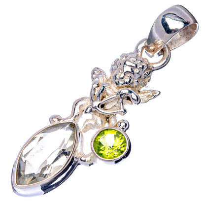 Sterling silver angel pendant with faceted teardrop stone, round green center gemstone