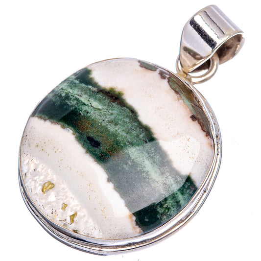 Sterling silver oval jasper pendant with green banding on white stone and bail loop
