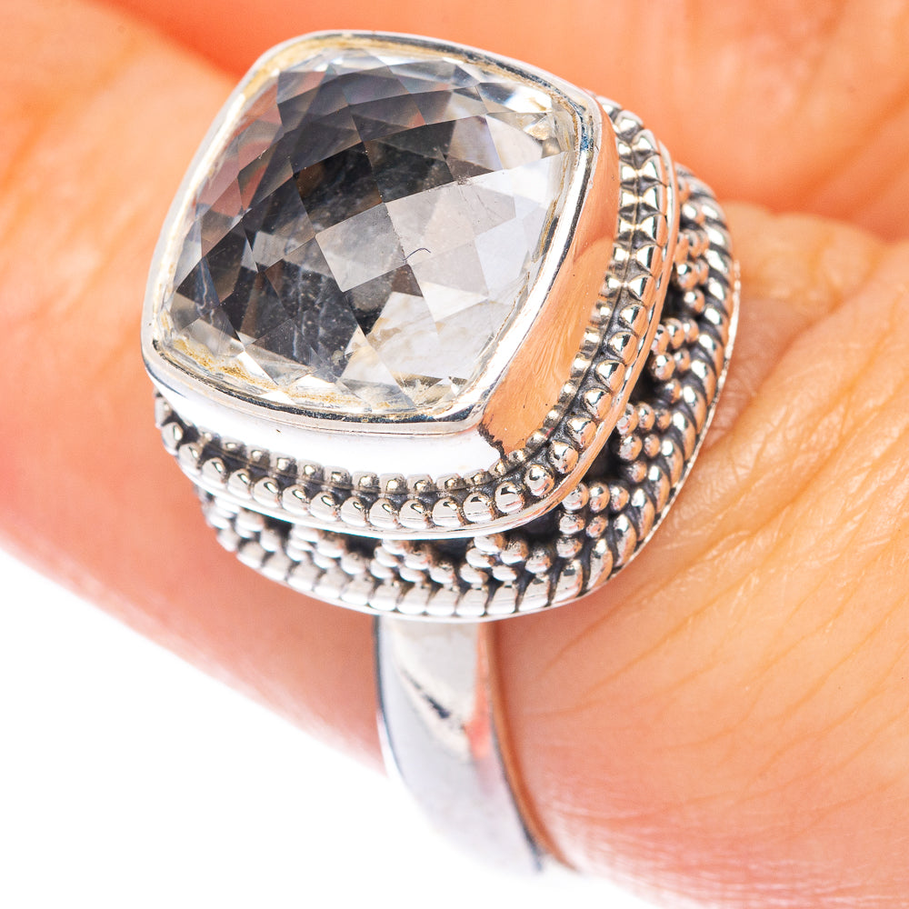 Sterling silver ring with large clear cushion gemstone, beaded border and scalloped band