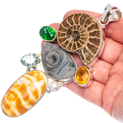 Gigantic Ammonite Fossil, Desert Druzy, Ocean Sea Shell, Citrine, Blue Topaz, Green Onyx Pendant 4 5/8" (925 Sterling Silver) P40114