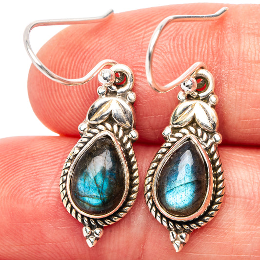 Labradorite teardrop earrings in .925 sterling silver, blue flash gemstone with ornate bezel