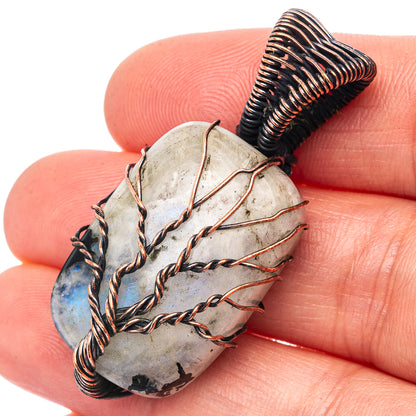 Rainbow Moonstone with Black Tourmaline Tree of Life Pendant 1 5/8" (Oxidized Copper)