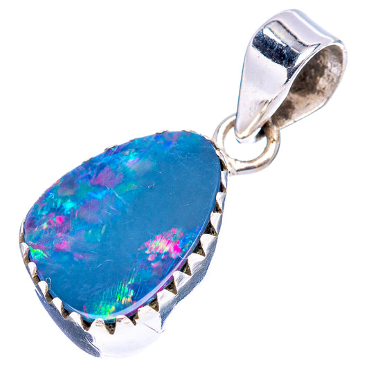 Sterling silver doublet opal pendant, oval blue stone with pink flashes, scalloped bezel