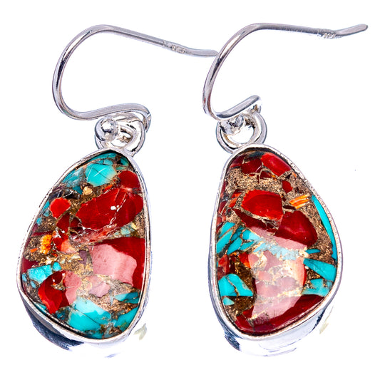 Pair of teardrop sterling silver earrings with red coral, turquoise inlay and gold matrix