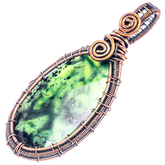 Wire-wrapped teardrop pendant with dark oxidized copper frame and green speckled gemstone