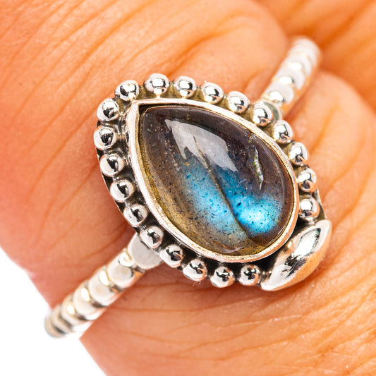 Dainty sterling silver labradorite ring, oval stone with blue flash, beaded border