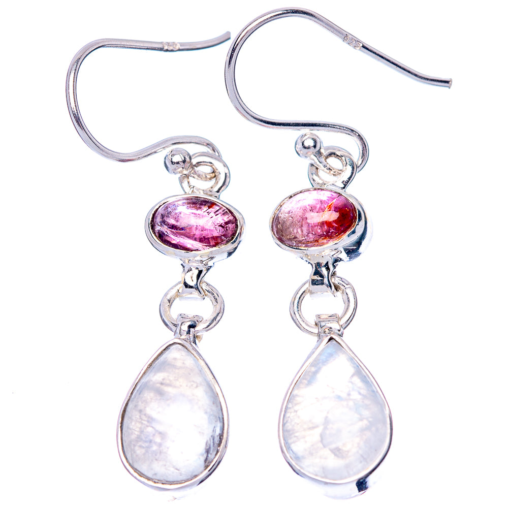 Sterling silver dangle earrings with pink oval gemstone and pear-shaped moonstone drops
