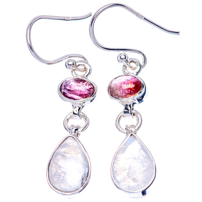 Sterling silver dangle earrings with pink oval gemstone and pear-shaped moonstone drops