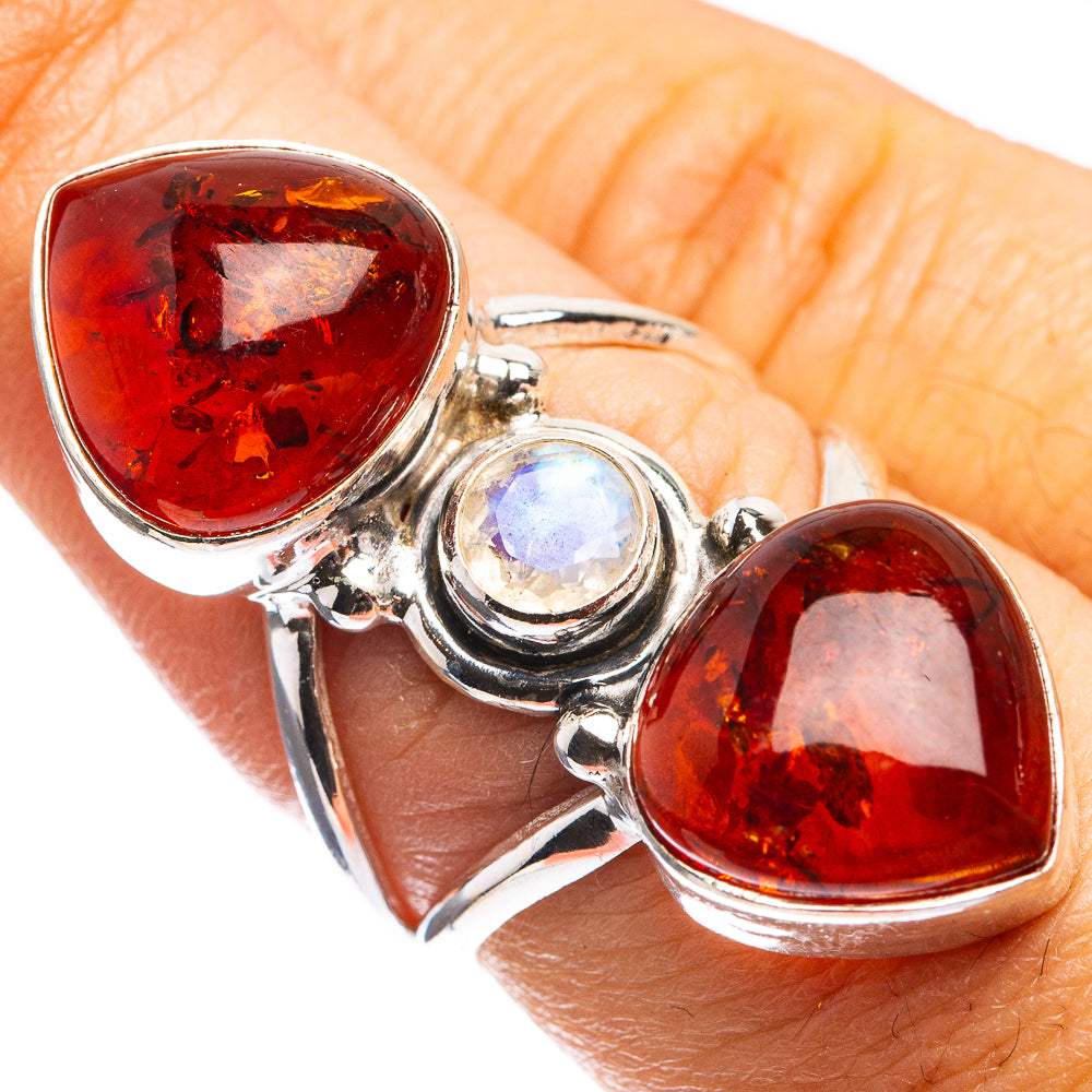Large Baltic Amber, Rainbow Moonstone Ring Size 7 (925 Sterling Silver) R143200