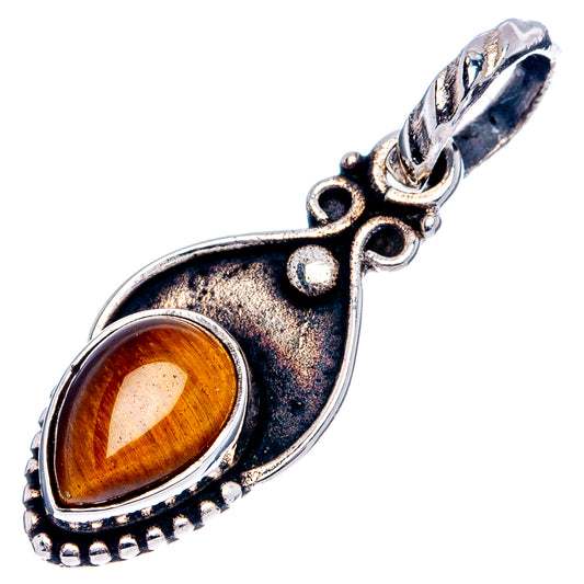 Sterling silver tiger's eye pendant with oval amber stone, scalloped edges, and bail