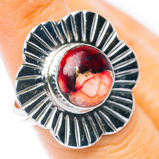 Southwestern Style Red Dahlia Turquoise Ring Size 6.75 (.925 Sterling Silver)