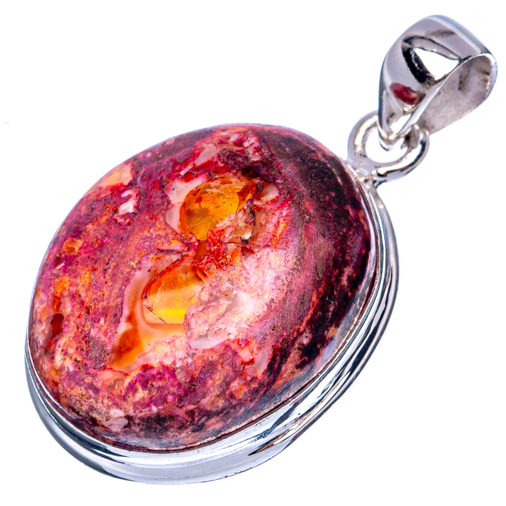 Sterling silver oval fire opal pendant, red and pink matrix with yellow-gold cabochon