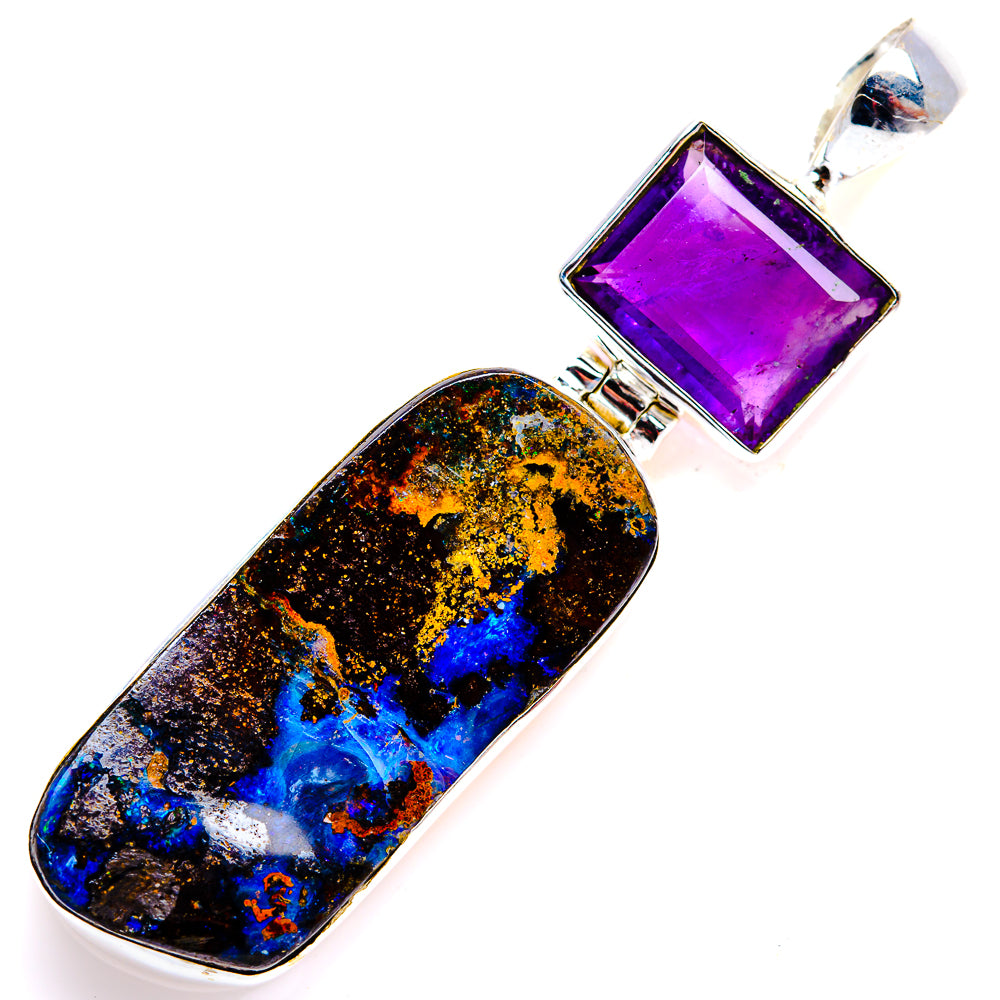Sterling silver pendant with purple square amethyst and oblong boulder opal inlay
