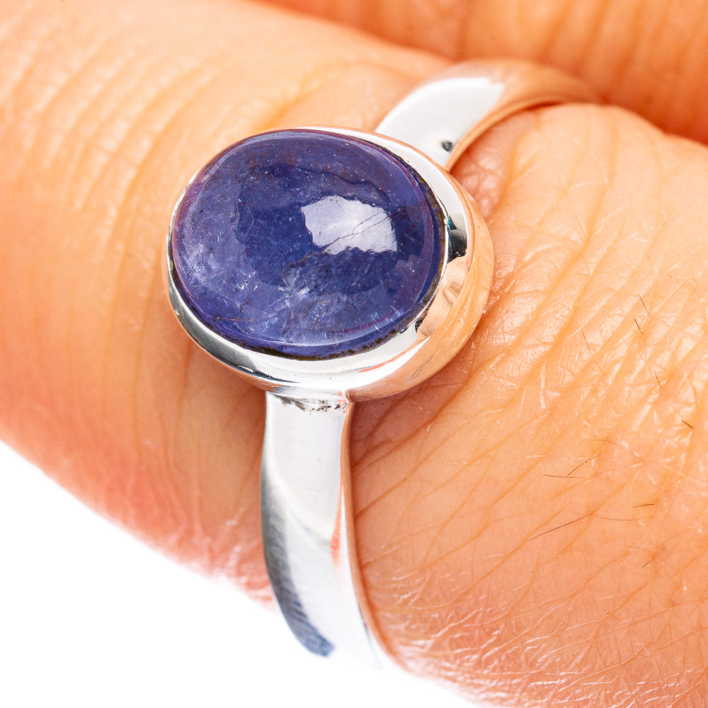 Sterling silver tanzanite cabochon ring with oval blue gemstone, size 8
