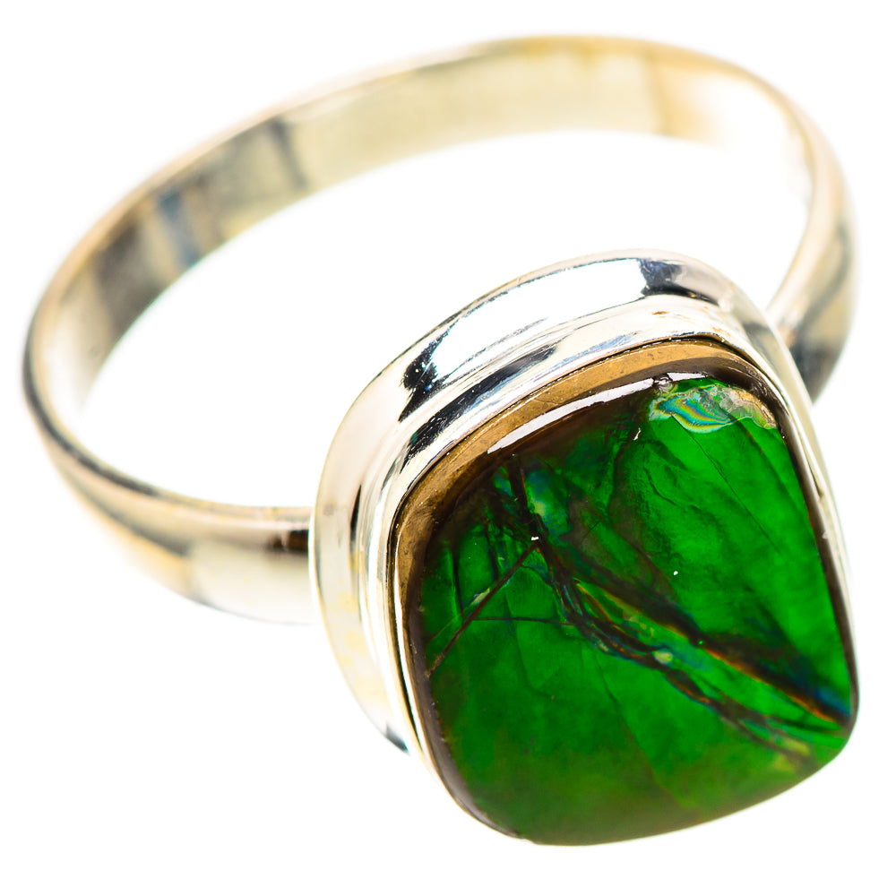 Sterling silver oval ammolite ring, green iridescent stone in curved bezel setting