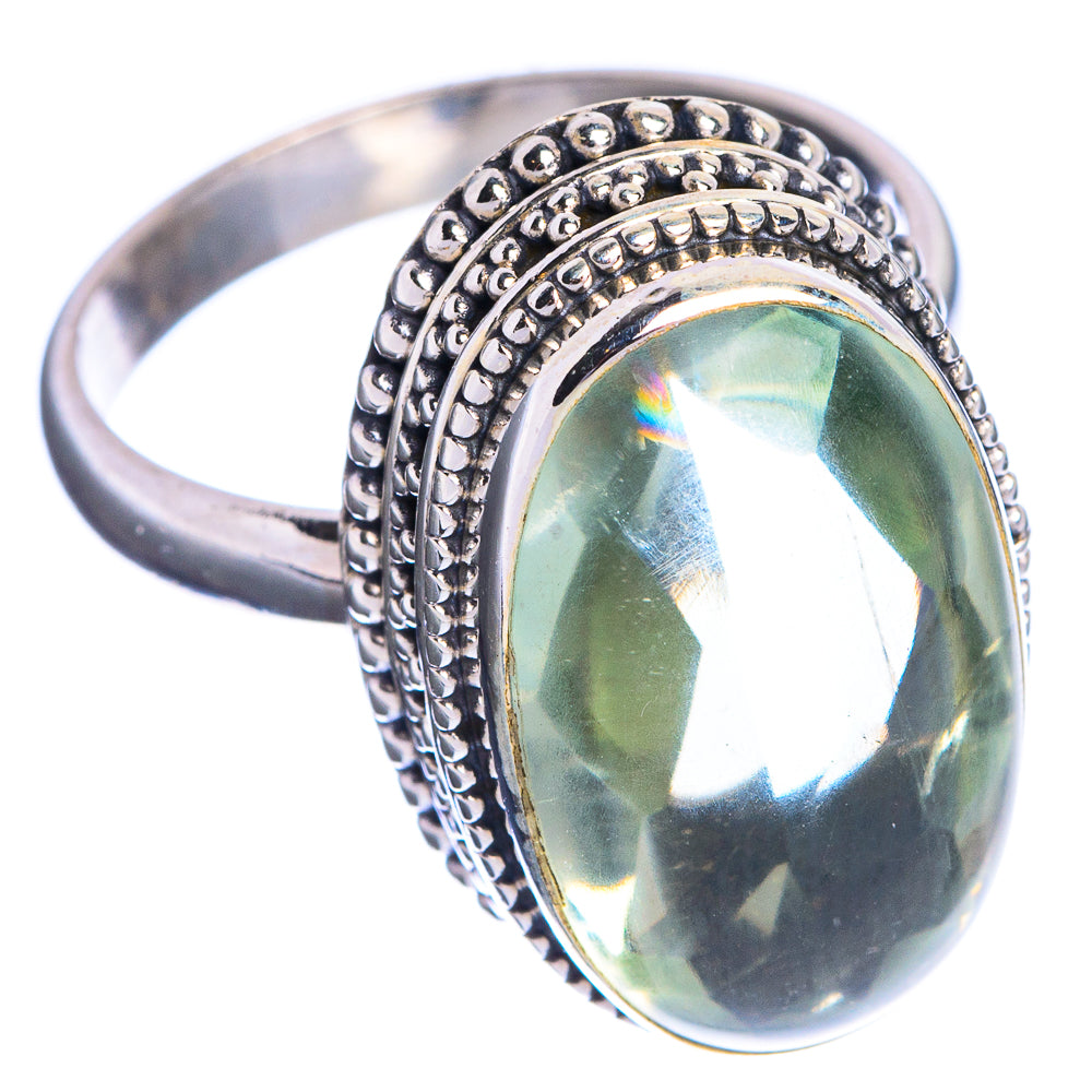 Sterling silver ring with oval green amethyst stone and braided beaded halo band