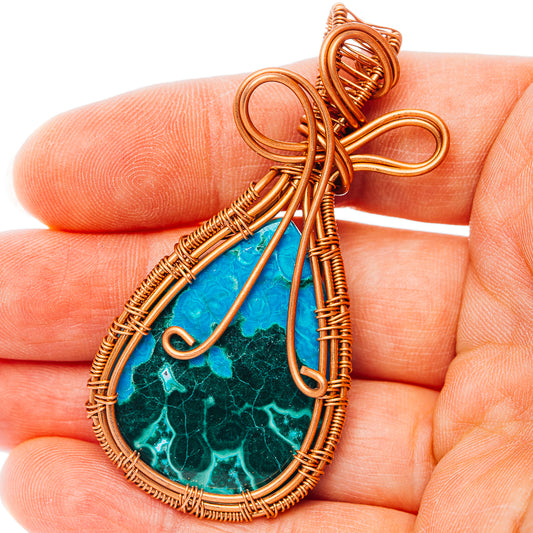 Malachite In Chrysocolla Wire Wrap Pendant 2 3/8" (Copper)