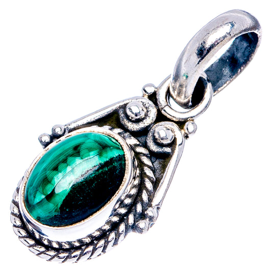 Oval green malachite pendant charm in detailed .925 sterling silver setting
