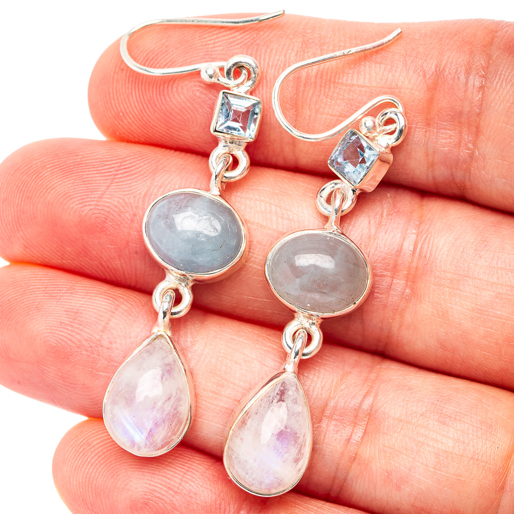 Premium Rainbow Moonstone, Aquamarine, Blue Topaz Earrings 2 1/8" (.925 Sterling Silver)