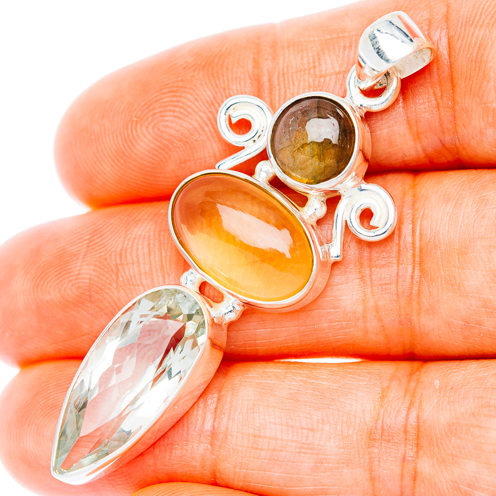 Premium Multi-Gem Green Amethyst, Citrine, Labradorite Pendant 2 1/8" (.925 Sterling Silver)