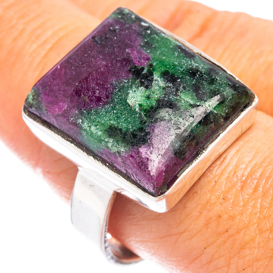 Sterling silver ring with square Ruby Zoisite gemstone, purple and green marbled face