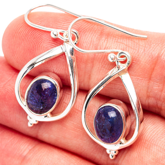 Sterling silver tanzanite drop earrings with oval blue gemstone teardrop setting and hook