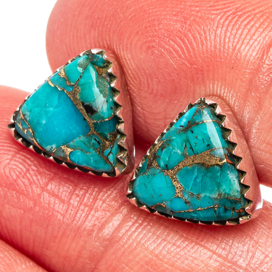 Teardrop turquoise copper earrings with gold webbed texture, serrated silver bezels