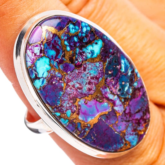 Oval purple-blue turquoise inlay ring with .925 sterling silver bezel, size 8.25