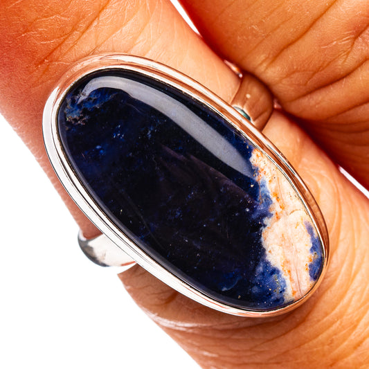 Oval sodalite stone ring with dark blue bezel in .925 sterling silver