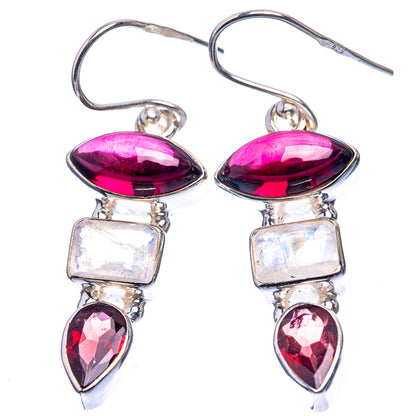 Garnet, Rainbow Moonstone, Pink Quartz Earrings 1 5/8" (925 Sterling Silver) E432407