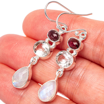 Rainbow Moonstone, White Quartz, Garnet 925 Sterling Silver Earrings 1 3/4" (925 Sterling Silver) E1427