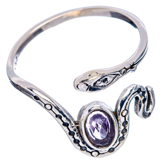 Sterling silver snake ring with oval purple amethyst center and adjustable band