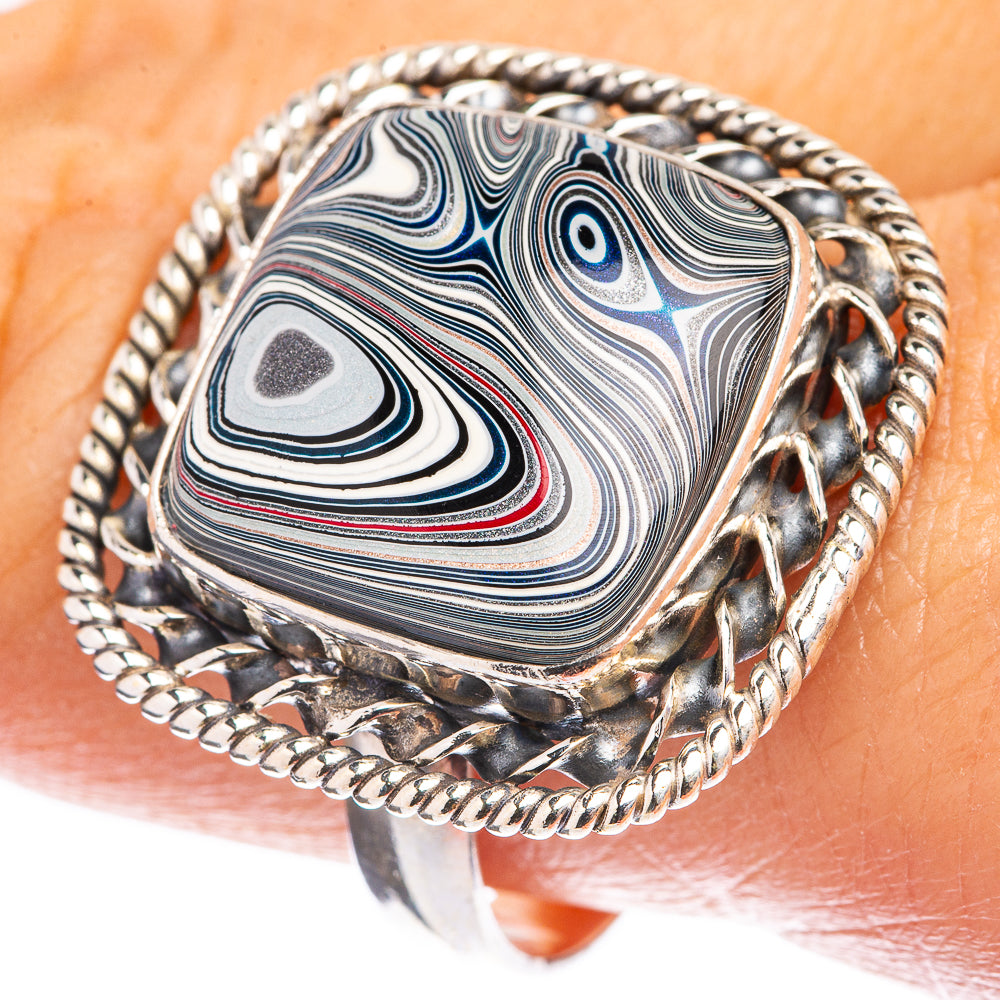 Fordite ring size 10.5, 925 sterling silver, oval blue-gray marbled face, braided bezel