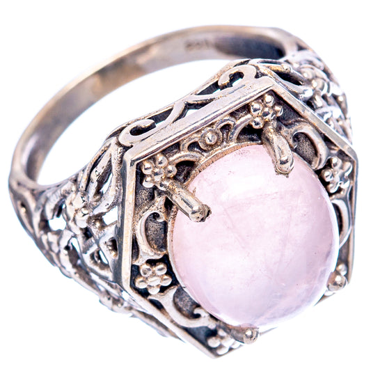 Rose quartz filigree sterling silver ring, round pink stone in ornate setting