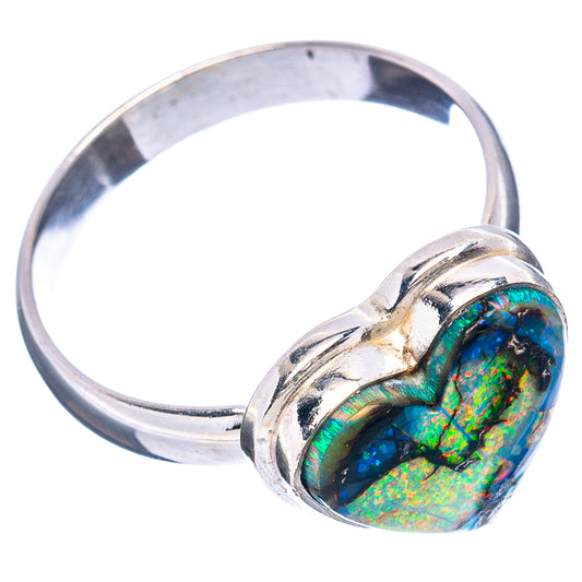 Heart opal sterling silver ring, side view showing blue and green stone bezel