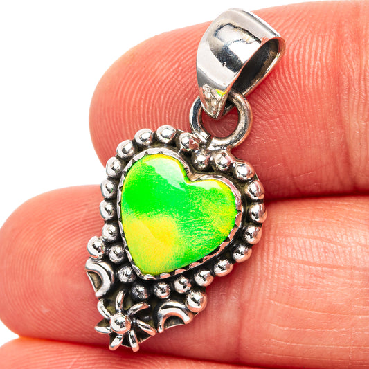 Green Aurora Opal Heart Pendant 1 1/4" (.925 Sterling Silver)