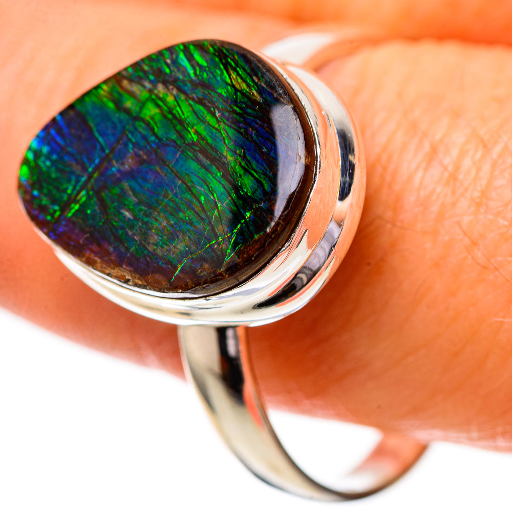 Sterling silver ammolite ring with oval iridescent green-blue stone, size 11.75