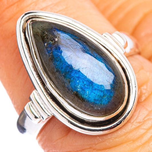 Oval labradorite gemstone ring, .925 sterling silver, vivid blue flash