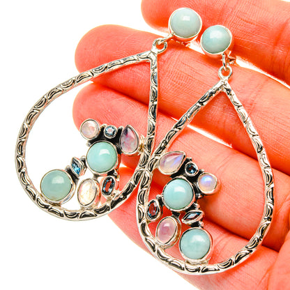 Signature Larimar, Rainbow Moonstone, Blue Topaz Earrings 2 1/4" (925 Sterling Silver) EARR431977