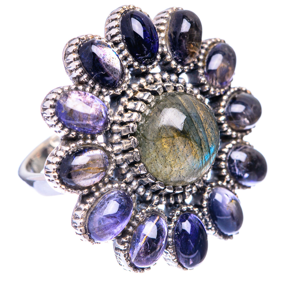 Sterling silver ring with large oval labradorite centerpiece and purple oval tanzanite stones